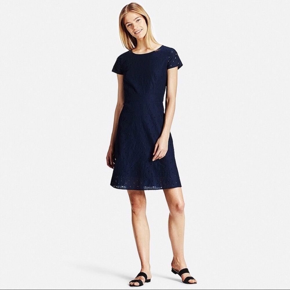 Uniqlo short sleeve navy A line dress small